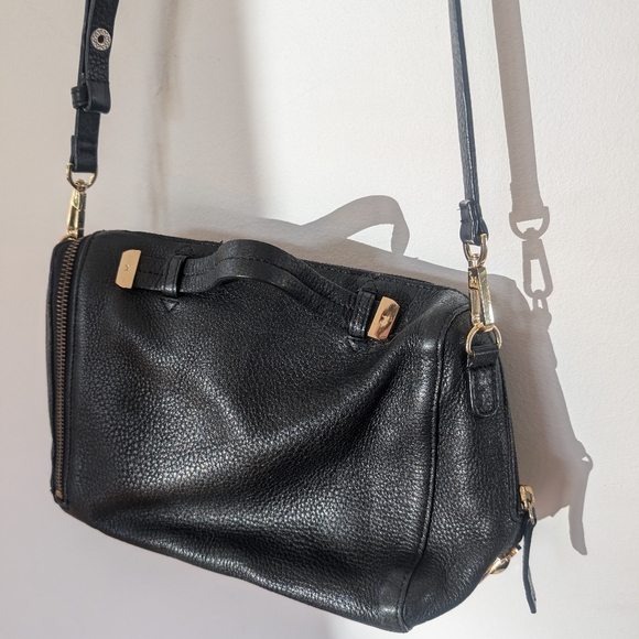 Halston Heritage Baby Pebbled Satchel Bag - Black Leather with Gold Accents - Picture 6 of 16
